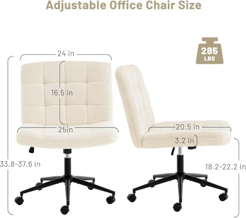 Image of Nutech Decor Armless Office Desk Chair - Linen Fabric Padded Swivel Adjustable Home Office Chair with 360 Wheels, Wide Criss Cross for Desk, Living Room (ND-Sherpa-ivorywhite-Wheel)