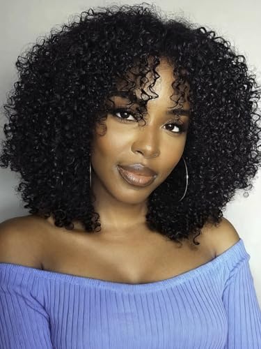 Image of KLAIYI Bye Bye Slip Afro Kinky Curly Precut 7x5Lace Front Wigs Human Hair Glueless Pre Plucked Bleached Knots Drawstring Bouncy Curls Ready to Wear and Go Wig with Finger Coil Ends 180%Density 20Inch