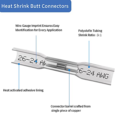 Image of 100 Pcs Clear Heat Shrink Butt Connectors, 26-24 AWG Marine Grade Insulated Crimp Wire Connectors, Waterproof Electrical Connectors Butt Splice for Boat Truck Wiring