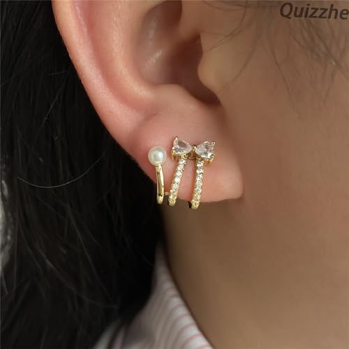Trendy Claw Silver Dainty Bow Rhinestone Earrings - Shiny CZ Half Hoop Studs, Piercing Cartilage Wrap, Tiny Chic Pearl Illusion Jewelry for Teen Girls2