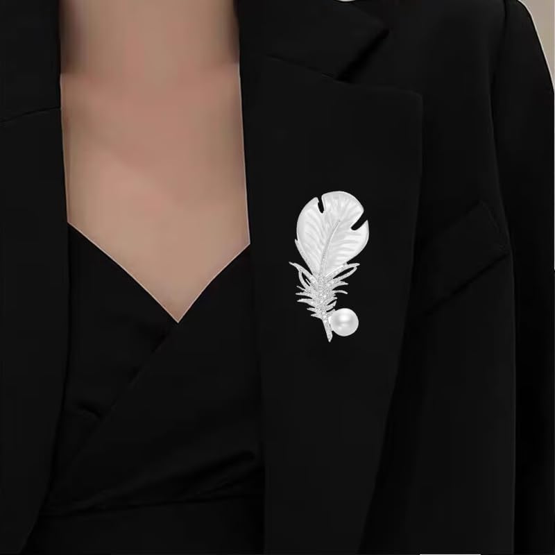 Rhinestone Feather Brooch Pin for Men Women Gold Silver Plated Elegant Delicate Leaves Hat Bag Suit Tie Crystal Pearl Lapel Brooches Trendy Jewelry Gifts - Image 3