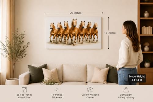 Image of 7 Horse Vastu Sunrise Canvas Painting | Positive Energy Wall Decor | Big Size Premium Running Horses Artwork for Home, Office & Hall Decoration (Modern, Light Brown Horse, 26x18 Inch)