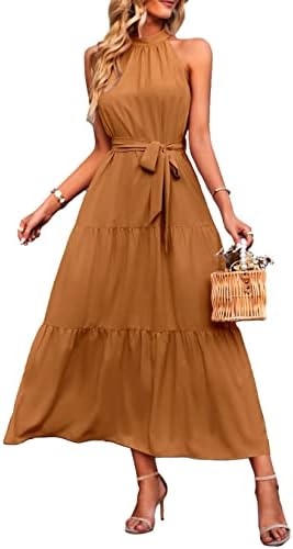 PRETTYGARDEN Women's Summer Floral Maxi Sun Dress Sleeveless Halter Neck Flowy Ruffle Hem Long Boho Dresses with Belt