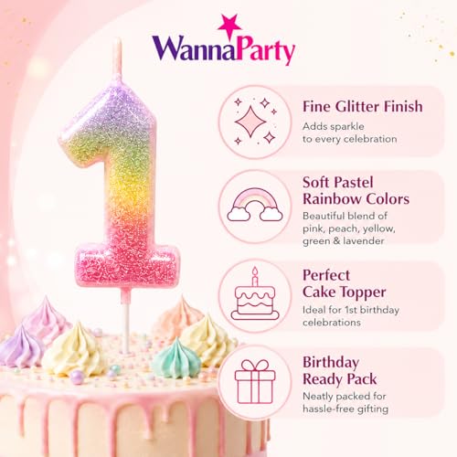 Image of Wanna Party Glitter Colorful 1st Birthday Candle, Number 1 Cake Candle Cake Toppers for Girl Women, Glitter Colorful Themed Party Decorations Supplies Birthday Gifts