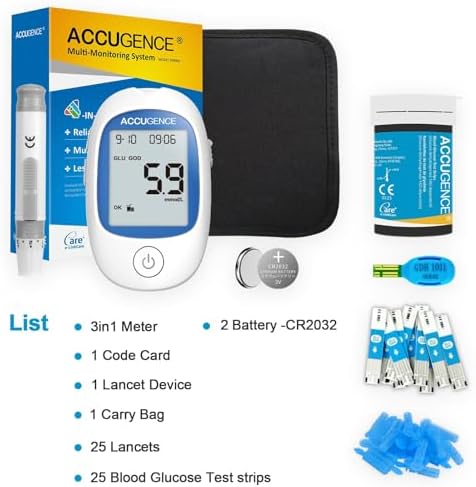 ACCUGENCE 3in1 Multi-function Blood Glucose Monitor With 25 Blood Glucose test strip, Blood Sugar Meter Glucometer -in mmol/L