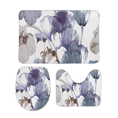 DAIERCY Rutschfestes Badezimmerteppich-Set, 3-teilig, Badematten-Set, strukturierte Tulpen, Blumenbadteppich und U…