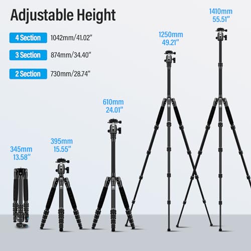 SIRUI Lightweight Carbon Fiber Travel Tripod, 52" Compact Camera Tripod with 360°Ball Head Kit, Detachable Center Column, Max Load 13.23lbs/6kg, Traveler 5CX