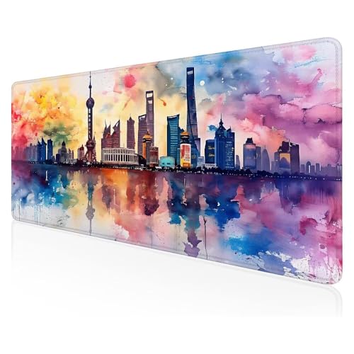 Tapis de Souris, Ville Aquarelle Tapis de Souris Gamer, étendu Bords Cousus, Base en Caoutchouc Imperméable et Antidérapante Mousepad, pour Tapis de Bureau pour Jeux/Bureau 50x25 CM -363