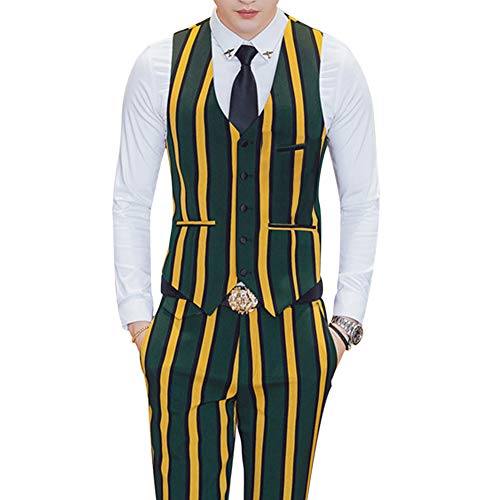 Men's Colored Striped 3 Piece Suit Slim Fit Tuxedo Blazer Jacket Pants Vest Set (Yellow-Db, Large) #TOP2