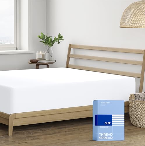 Thread Spread 100% Cotton Queen Fitted Sheet Only - 400 Series Glee Collection Cotton Fitted Sheet Queen, Soft, Durable, Cooling 16' Deep Pocket Sateen Bottom, Luxury Hotel Quality - White