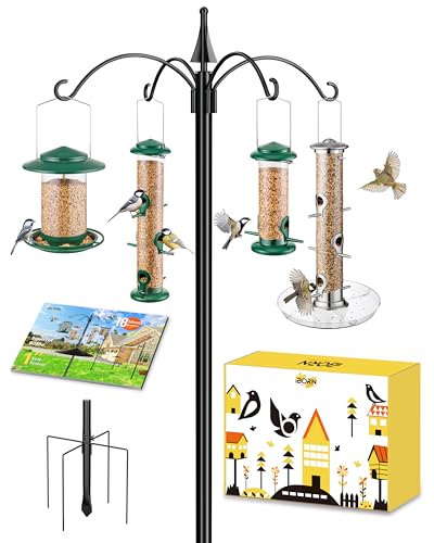 iBorn Bird Feeders Hanging Station 87Inch Wild Bird Feeding Station Stand Heavy Duty For Feeders Hanging, 1 Inch Thickness Pole, 4-Hooks,5-Prong Pole Stabilizer(Bird Feeders NOT Included)