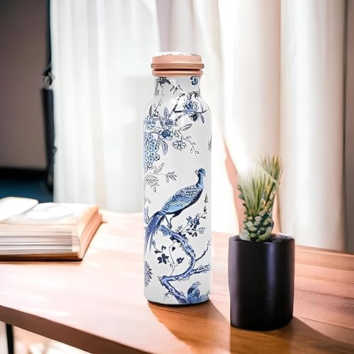 Image of GTAC Printed Design With White Blue Floral Design Coppe water Bottle, Storage Water, 1000 ML, Designer::Set of 1 With Box| Copper Bottle | Gift Set | Office Use| Sports| Daily Use.