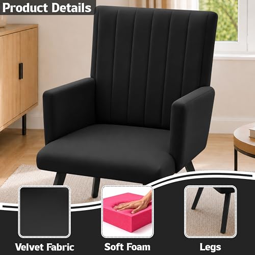 Image of Rosebell Modern Accent Chair for Living Room | Single Seater Chair with Armrests & Metal Legs | Comfortable Lounge Chair for Bedroom, Reading & Office | Black
