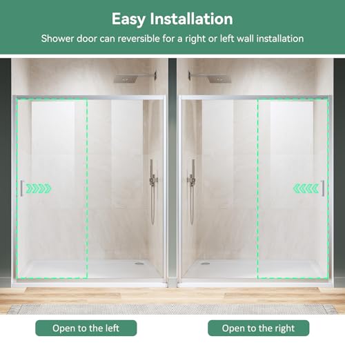Hydrave Sliding Shower Door 60 in.D x 72 in. H|1/4 in. High-Strength Clear Tempered Glassd Shower Door| Aluminum Frame Semi-Frameless Sliding Door| Silver (Shower Base Not Included) — view 4