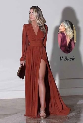 Long Sleeve Chiffon Bridesmaid Dresses for Women V Neck Empire Waist Pleated Long Evening Formal Dress with Slit2