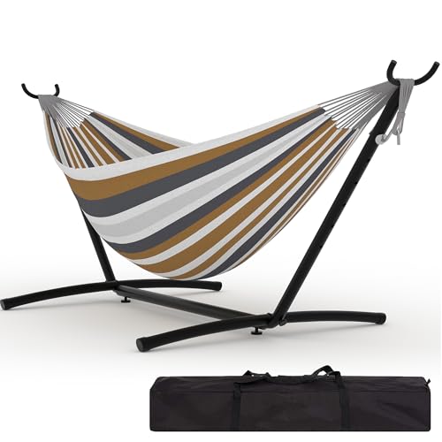 Double Hammocks with Stand for Outside, Portable Space Saving Heavy-Duty Steel Stand for Indoor Outdoor Patio with Carrying Bag, 450 lbs Capacity, Cof