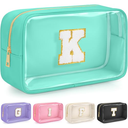 WELIDAY Initial Clear Makeup Bag, Birthday Gift Chenille Patch Cosmetic Bag