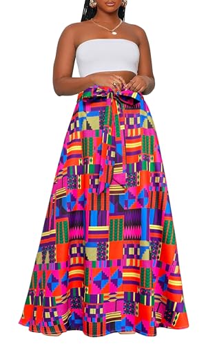 Afibi Womens Casual High Waist Tie Afican Print Long Maxi Skirt with Pockets3