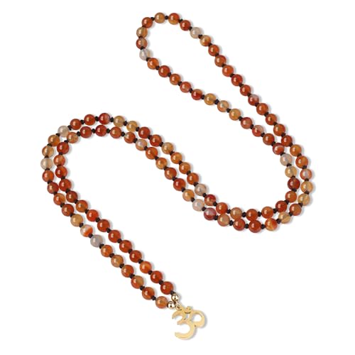 COAI Collar Rosario Japa Mala 108 Cuentas de Ágata Naranja Anudadas a Mano y Colgante de OM, Collar Piedras Naturales