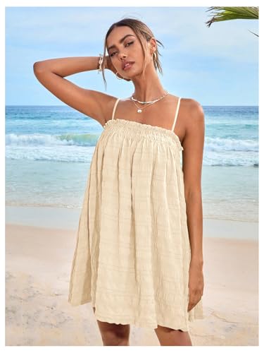 Image of MakeMeChic Women's Babydoll Dress Sleeveless Swing Shirred Mini Dresses | Beach, Summer, Sundress, Ruffle, Casual Dress, Flowy Dress