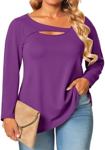 Yousify Womens Plus Size Long Sleeve Tops Cut Out Curvy Trendy Casual Shirts Loose Fit Flowy Tunic Tees
