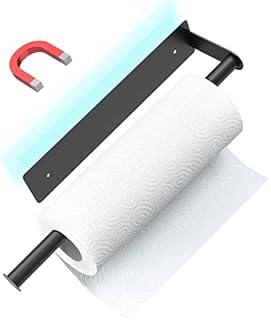 aceyoon Multifunction Paper Roll Holder - Self Adhesive or Drilling Black Kitchen Roll Holder Under Cabinet Strong Magnetic/Viscose/Screw Install Bold 1.8cm Paper Holder Rustproof for Bathroom/Kitchen