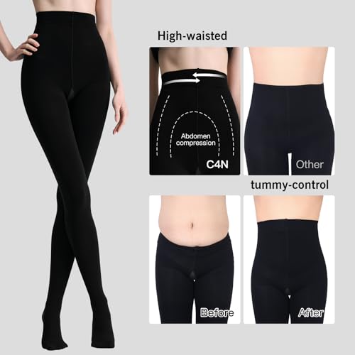 Image of C4N High Compression Tights 130 Denier, Wide Non-Roll Waistband Tummy Control Opaque Matte Black Pantyhose