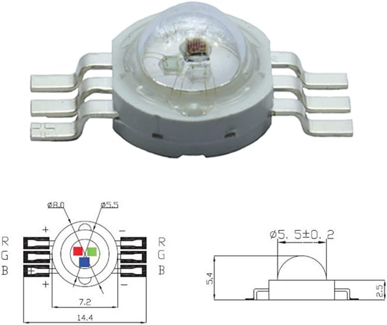 Technical drawing of the 3W RGB LED emitter with dimensions and pinout diagram.