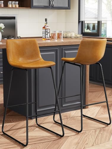 Image of REONEY Bar Stools Set of 2, 30 inch Urban Faux Leather Counter Stools, Brown