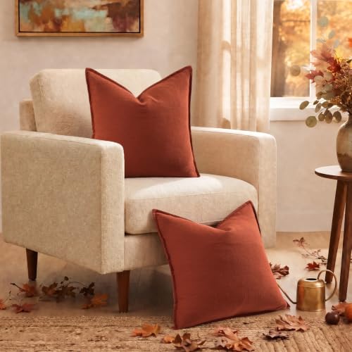 Image of decorUhome Fall Rust Linen Throw Pillow Covers 16x16 Set of 2