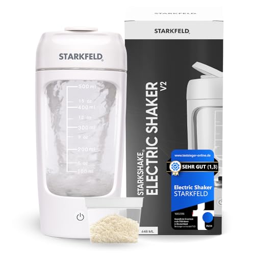 STARKFELD ® Elektrischer Shaker – Automatischer Protein Mixer für perfekte cremige Eiweiß Shakes, Fitness-Boost für unterwegs mit USB-C und Akku (Weiß)
