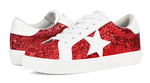 Image of PARTY Women's Fashion Sneaker Lace Up Low Top Comfortable Cushioned Walking Shoes,Podcast,RED Glitter,10