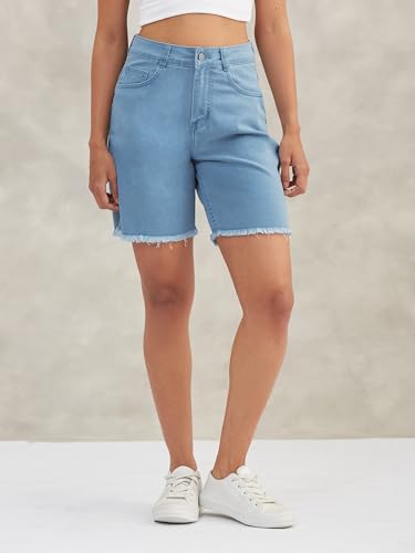 Image of Dolce Crudo Women's Relaxed Fit Mid-Rise Denim Shorts with Adjustable Waist & Frayed Hem