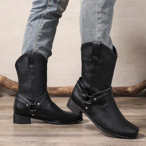 yamerbo Men's Western Cowboy Boots Square Toe Leather Cowboy Boots Classic Retro Pull-On Mid-Calf Biker Work Boots for Men3