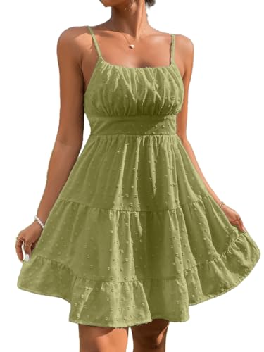 Image of Floerns Women's Swiss Dots Sleeveless Ruched Bust Ruffle Hem Cami Short Dress
