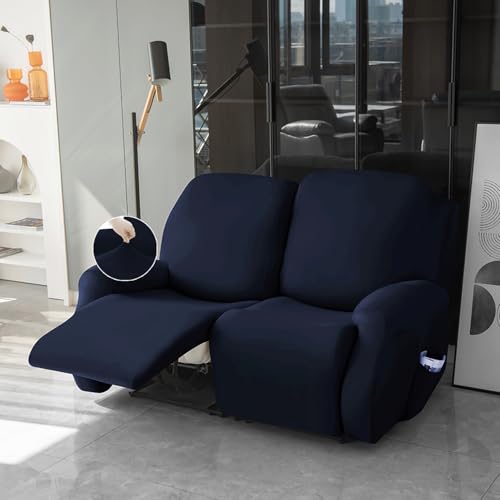 Image of HOKIPO 'SereneSolids' 140 GSM 6-Pieces Super Stretch Recliner Sofa Cover 2 Seater Fully Covered Washable Furniture Protector, Navy Blue (AR-4741-NBLU)