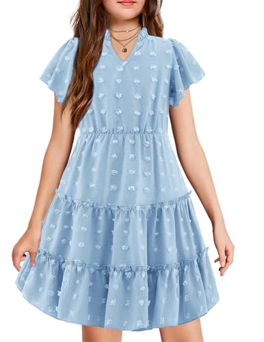 Arshiner Girls 2025 Summer Dresses Pom Poms Flutter Ruffle Sleeve Midi Polka Dot V Neck Dress with Pockets