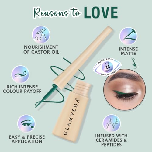 Image of Glamveda Liquid Eye Liner, Green, Long Lasting Matte Waterproof Liner - Smudge Proof, Transfer Proof Eye Makeup, Bold, Clean, Smudge-Free Look 24-Hour Long Stay 4.5 ml