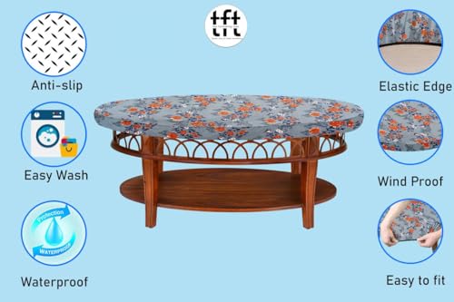 Image of The Furnishing Tree Elastic Oval Center Table Cover WxL 18x60 in Inches Polyester Floral Pattern Blue