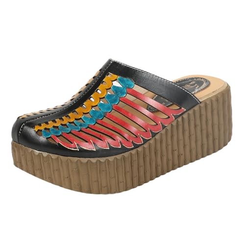 Platform Wedge Sandals for Women, 2Inch Heel Closed Toe Wedge Sandals, 2025 New Ethnic Style Mesh Casual Slip-on Walking Sandals Leather Water Shoes