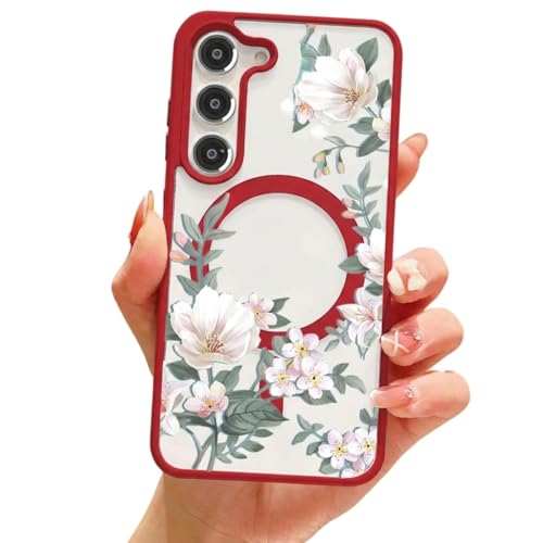 Image of VONZEE Compatible with Samsung Galaxy S25 Plus 5G Case Luxury Retro Flowers Floral Clear for Magnetic Wireless Charging Clear Case Shockproof PC+TPU Cute Glossy Shiny Cover for Girls Women, Red