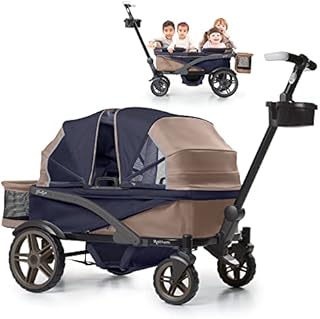 Gladly Family Anthem 4 Quad Wagon Stroller, All-Terrain Collapsible Wagon with Canopy for Kids, 4 Seater (Sand & Sea)