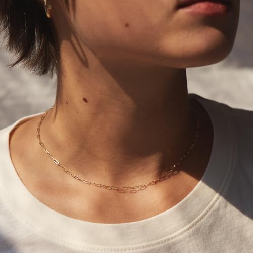 14K Gold Paperclip Necklace, Real Gold Rectangular Link Chain 2mm, 16-24 Inches for Women Men, Hypoallergenic, Non-Tarnish, Dainty Layering Minimalist Jewelry3