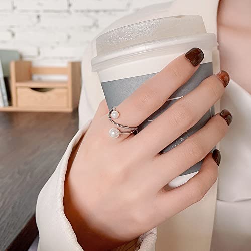 Elegant Double Pearls Open Stacking Rings Sterling Silver 925 Vintage Layered Statement Ring Antique Engagement Wedding Ring Thin Finger Band Toe Ring Fashion Jewelry Gifts For Women Girls Adjustable #TOP2