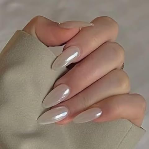 24PCS Press On Nails, Mirror Metal Stiletto Fake Nails, Almond Medium Shape, Stick on Nails, Glue on Nails False Nails (Aurora Natural White) Cover