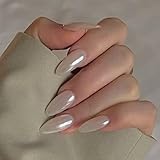 24PCS Press On Nails, Mirror Metal Stiletto Fake Nails, Almond Medium Shape, Stick on Nails, Glue on Nails False Nails (Aurora Natural White)