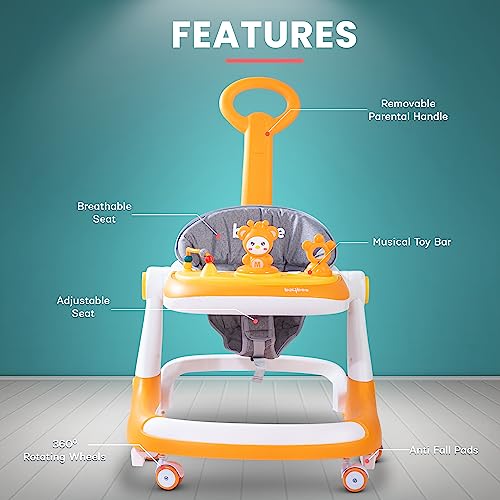 Image of Baybee Magnum 2 in 1 Baby Walker for Kids, Round Kids Push Walker with Parental Handle & Height Adjustable, Foldable Activity Walker for Baby with Musical Toy Bar for 6-18 Months Boys Girls (Yellow)