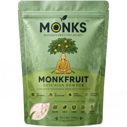 Monk Fruit Sweetener Powder 100g - No Erythritol No Maltodextrin Just 2 Ingredients | Natural Sugar Alternative | Vegan Keto Diabetic Friendly