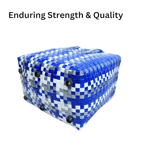 Image of Hand Made Multipurpose Plastic Basket with Lid | Eco-Friendly, Washable, Rust-Free Storage Basket for Kitchen, Picnic, Toys, Travel, Office | Lightweight basket (Blue with Grey, Small)