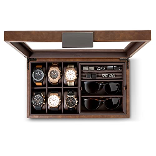 Glenor Co Valet Jewelry Box for Men - Holds 6 Watches, 12 cufflinks, 2 Sunglasses & Tray Storage - Mens Watch Case - Organizer w Metal Accents, PU Leather & Large Glass Lid - Brown